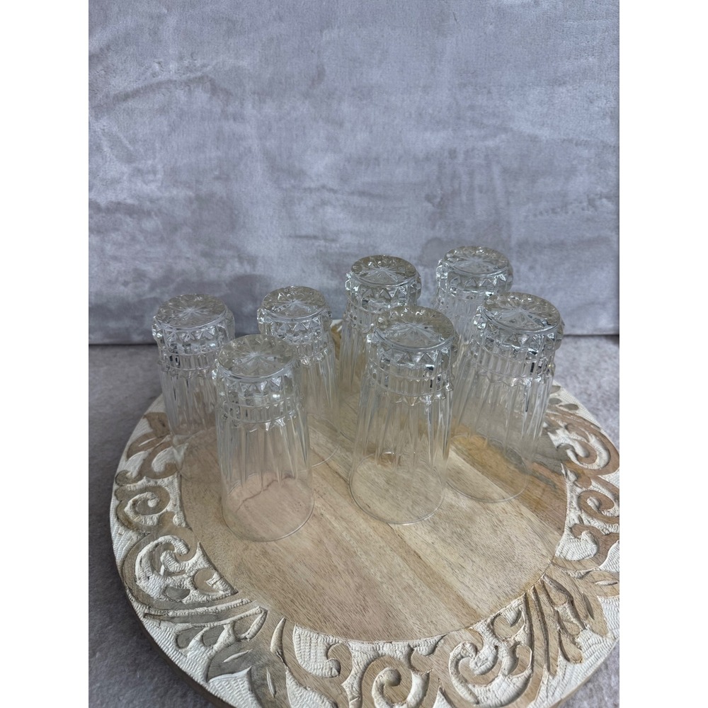 Set of 7 Vintage Clear Ribbed Diamond Cut Glass Highball Tumblers 5.5 Inch